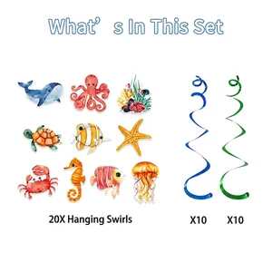 Ocean themed party set with 20 hanging spirals and 10 colorful sea animal paper cutouts