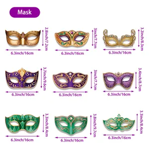 9-piece colorful carnival masquerade paper masks set with detailed size measurements