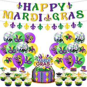 Ensemble Décoration Fête Mardi Gras Bannière Happy Mardi Gras Ballons en Latex Cake Toppers Violet Vert Or Carnaval Masque