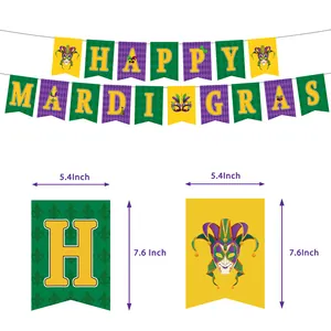 Mardi Gras Partybanner mit lila grün goldenen Flaggen und Fleur-de-Lis-Mustern