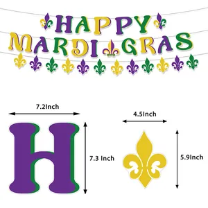 Banderole Mardi Gras avec lettres violettes vertes jaunes et spécifications de taille