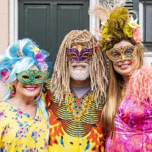 Three-piece carnival Mardi Gras masquerade masks with colorful rhinestones for festive parties