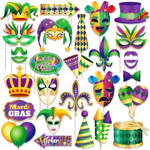Mardi Gras Photo Booth Props Set Carnival Theme Mask Crown Glasses For Festive Party Decoration Purple Green Gold