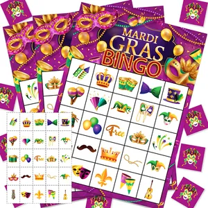 Mardi Gras Carnaval Bingokaarten Markeringen Afroepvel Paars Goud Groen Maskers Kroon Feestdecoraties Voor Kinderen Volwassenen Thuis School Klaslokaal