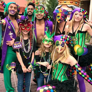 Mardi Gras photo booth props kit with colorful masks and feathers for party fun