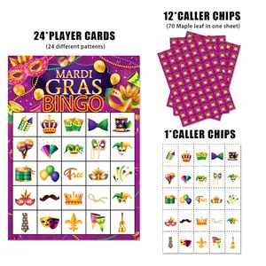 Mardi Gras Bingo spelkaarten set met 24 spelerskaarten en maskers voor feesten