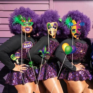 Colorful Mardi Gras photo booth props set with masks and feathers for carnival party fun