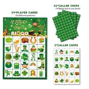Set de Bingo San Patricio con 24 tarjetas y fichas de trébol para fiestas temáticas