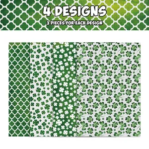 St. Patrick's Day wrapping paper set with green clover patterns in 4 distinct designs