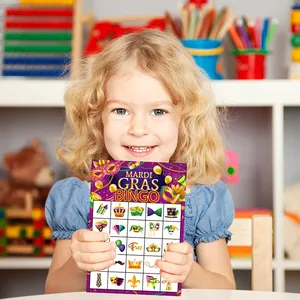 Mardi Gras bingo-spelkaarten met kleurrijke carnavalsmaskers en veer-iconen