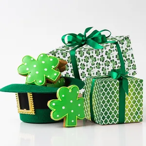 St. Patrick's Day gift set with green shamrock clover wrapping paper and gift boxes