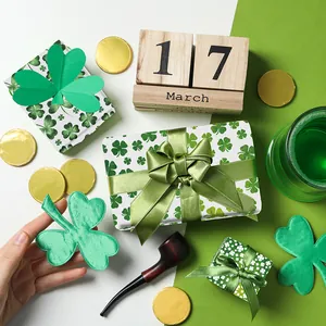 St. Patrick's Day gift wrapping set with green clover patterns and silk ribbons