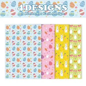 Oster-Geschenkpapier-Set mit Hasen- und Eimotiven, 12 Blätter in 4 bunten Designs