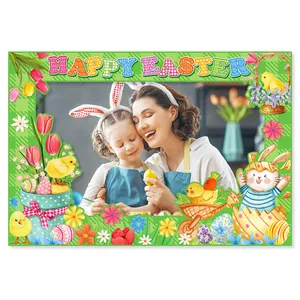 Easter Photo Booth Frame Prop Green Gingham Paper Bunny Chick Egg Happy Easter Party Decorations Photo Studio Accessories