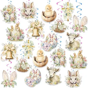 Decorazioni pasquali sospese con coniglietti, uova e pulcini ad acquerello per feste