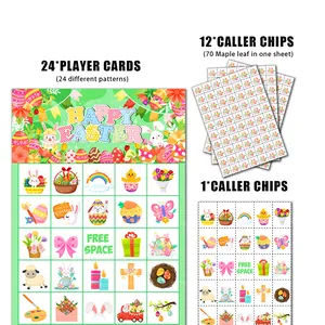 Happy Easter Bingo game set with 24 player cards and caller chips for party supplies