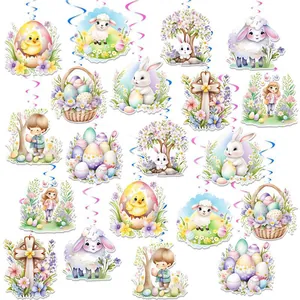 Easter hanging ornaments set with colorful rabbits, eggs, lambs and kids for party decor