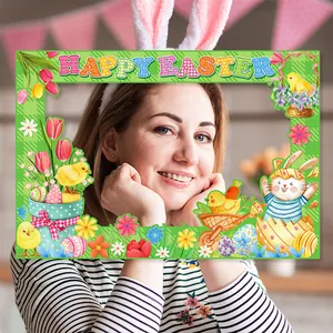 Happy Easter photo booth frame prop with green plaid design and festive rabbit motifs