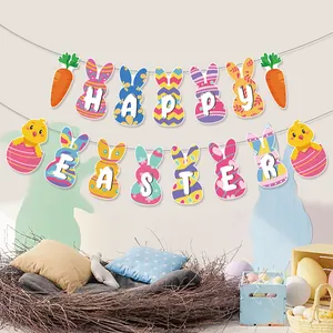 Fröhliche Ostern Banner Hase Karotte Küken Muster Papier Girlande Für Feiertags Party Haus Innen Wandbehang Dekoration Zubehör