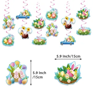 Easter party hanging swirl decorations set featuring bunny and egg motifs 15cm size