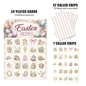 Easter Bingo game set featuring 24 watercolor player cards and festive egg caller chips