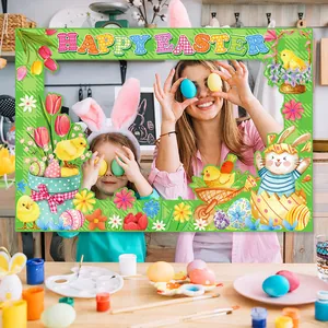 Easter photo booth frame with Happy Easter text, bunnies and chicks for party decor