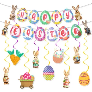 Easter Decoration Banner And Hanging Swirls Bunny Carrot Egg Cartoon Paper Plastic For Party Home Indoor Festive Decor