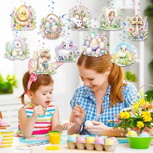 Easter hanging swirl decorations set with bunny, eggs and kids for holiday party
