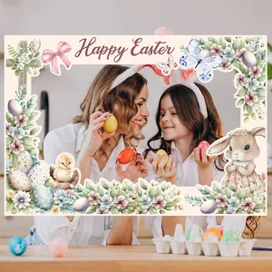 Happy Easter photo booth frame with floral bunny and egg patterns for party decoration