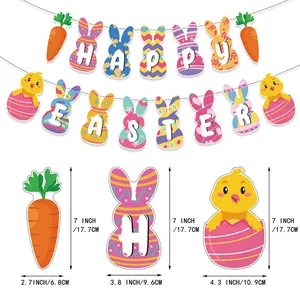 Bunte Happy Easter Girlande mit Hasen und Karotten aus Karton für Osterdekoration