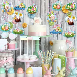 Happy Easter hanging spiral decorations with bunny, eggs and carrots for party decor
