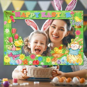 Happy Easter photo booth frame with colorful eggs, bunnies and chicks for party decor