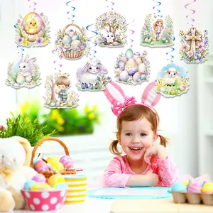 Easter hanging ornaments set featuring rabbits, colorful eggs, and sheep for party decor