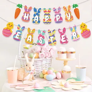 Happy Easter Banner-Set mit bunten Hasen, Karotten und Küken-Deko für die Osterparty