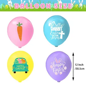 Detailed view of 12 inch Easter latex balloons with rabbit and carrot prints