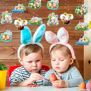 Easter party decoration set with bunny swirls, egg hanging cards and plush headbands
