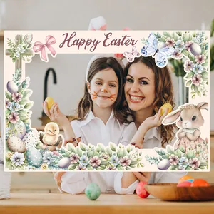 Happy Easter photo booth frame with floral bunny and colorful eggs for party decoration