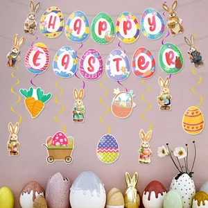 Easter decoration set with Happy Easter banner and colorful bunny spiral swirls