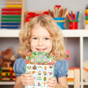 Kids playing Happy Easter Bingo game cards featuring bunny and colorful egg illustrations