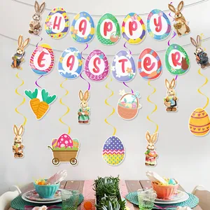 Easter party decoration set with Happy Easter banner, rabbit and carrot spiral pendants