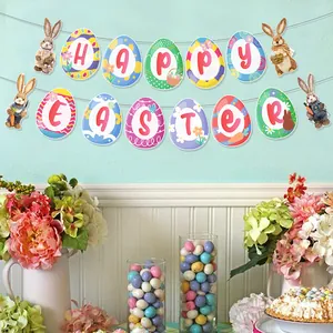 Striscione Happy Easter con uova colorate e coniglietti per decorazione festa di Pasqua
