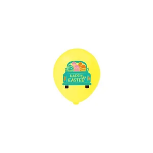 Yellow Easter balloon with Happy Easter print featuring a truck and colorful eggs