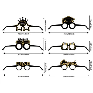 Set of 6 black and gold 2025 graduation party paper glasses props for photo booths