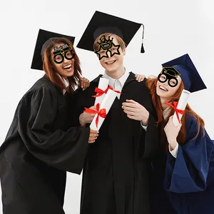 Three graduates wearing 2025 graduation party glasses in black and gold paper designs