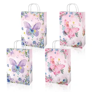 Watercolor Butterfly Floral Gift Bags White Kraft Paper Party Favors Candy Bags Handled Totes For Birthday Celebration Double Sided