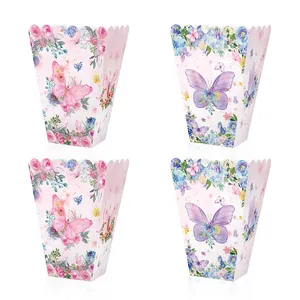 Butterfly Floral Popcorn Boxes White Cardboard Treat Boxes Scalloped Edge Birthday Party Decorations Pink Purple Containers