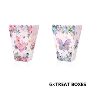 Pink butterfly floral disposable treat boxes for birthdays, pack of 6 folded paper containers