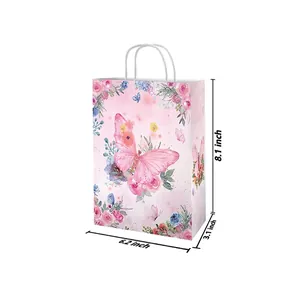 Pink butterfly floral paper gift bag with white handles for parties 6.2x3.1x8.1 inch
