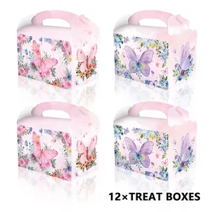 Boîtes de fête papillon rose et violet avec poignées pour bonbons et cadeaux 12 pièces