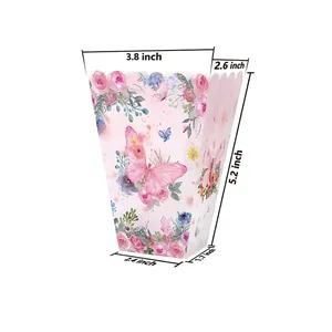 Pink butterfly and floral popcorn snack box for birthday parties with wavy top design